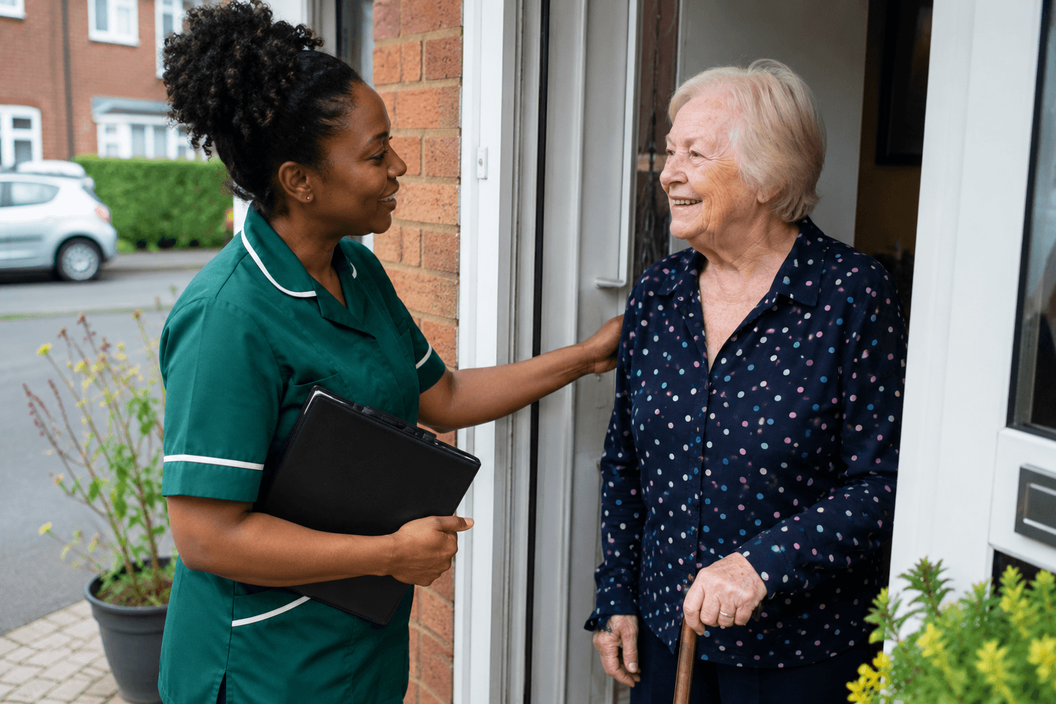 A domiciliary carer visiting a client at home