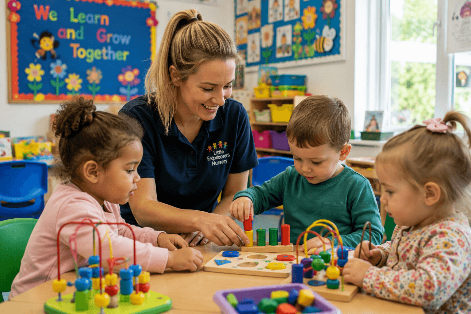 A nursery practitioner playing with toddlers